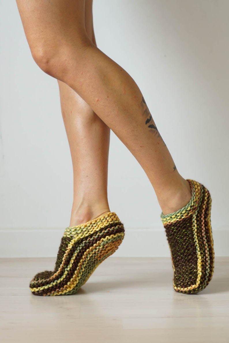 Slipper Socks Size 8, Unique Knit Socks, Low Cut Socks, Slippers for Woman, Slippers in Brown and Yellow, Knit Accessories, Gift For Her image 4