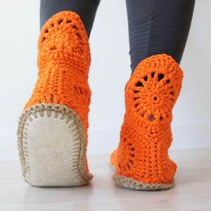 Orange Crochet Slipper Boots, Handmade Cotton House Shoes