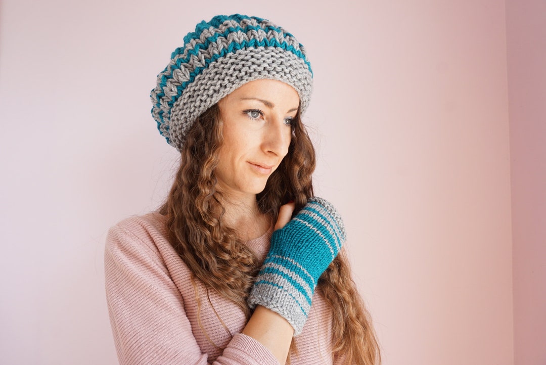 Handknit Wool Blend Hat and Fingerless Gloves Set: Blue 