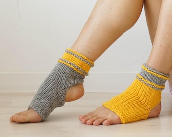 Handknit Wool Yoga Socks, Mismatched Ankle Warmers, Yellow & Grey, Wool And Acrylic Blend