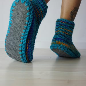 Natural Wool Slippers, Teacher Gift, Knitted Slipper Socks, Cozy Slippers, Indoor Shoes, Blue Boot Slippers, Knit Gift, Knit Slippers image 3