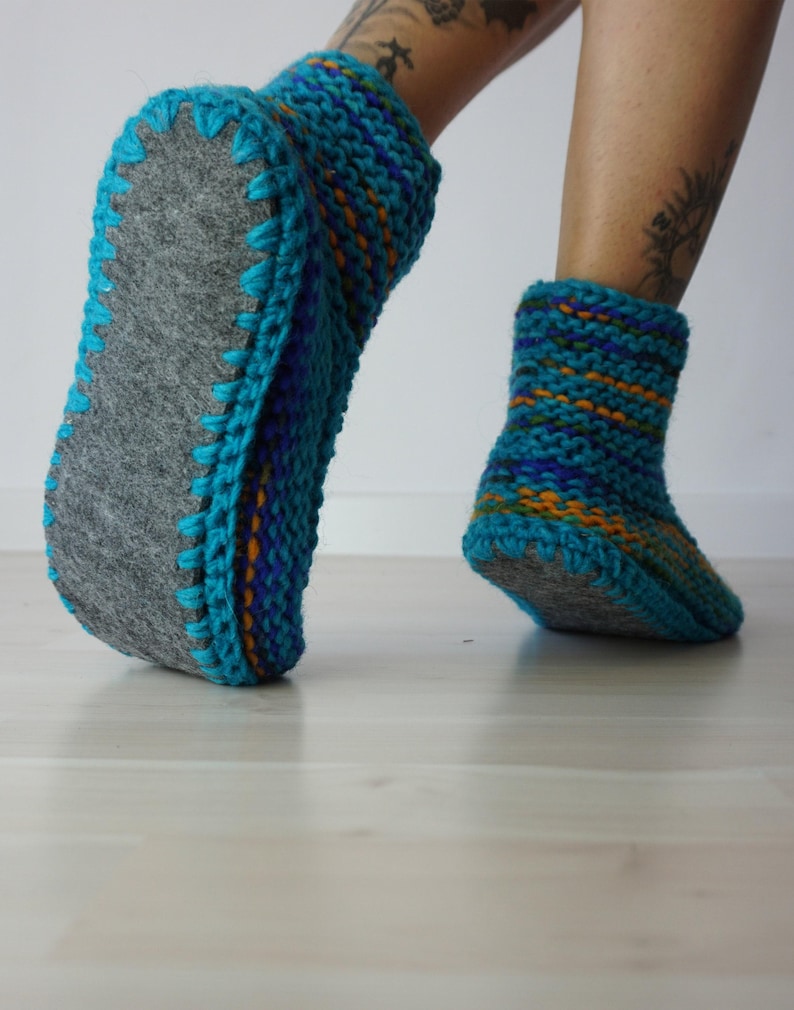 Natural Wool Slippers, Teacher Gift, Knitted Slipper Socks, Cozy Slippers, Indoor Shoes, Blue Boot Slippers, Knit Gift, Knit Slippers image 3