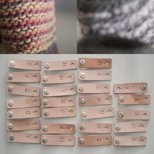 The image is a collage of two photos. The top photo shows a close-up of a knitted item with leather tags attached to it, and the bottom photo shows a close-up of a knitted item with leather tags attached to it. The image also includes text that says "Additional personalization (optional)" and "Add to cart", indicating that the tags can be customized with names or other personal information.