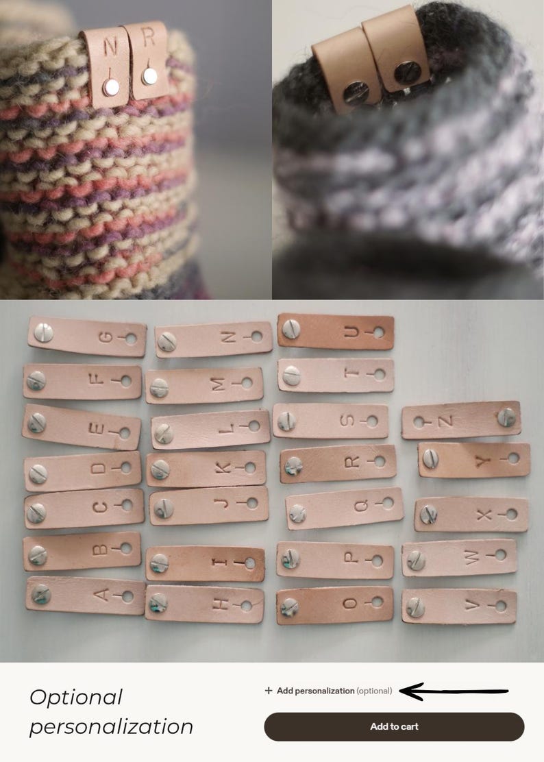 The image is a collage of two photos. The top photo shows a close-up of a knitted item with leather tags attached to it, and the bottom photo shows a close-up of a knitted item with leather tags attached to it. The image also includes text that says "Additional personalization (optional)" and "Add to cart", indicating that the tags can be customized with names or other personal information.