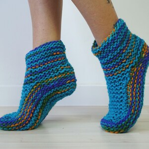Natural Wool Slippers, Teacher Gift, Knitted Slipper Socks, Cozy Slippers, Indoor Shoes, Blue Boot Slippers, Knit Gift, Knit Slippers image 2