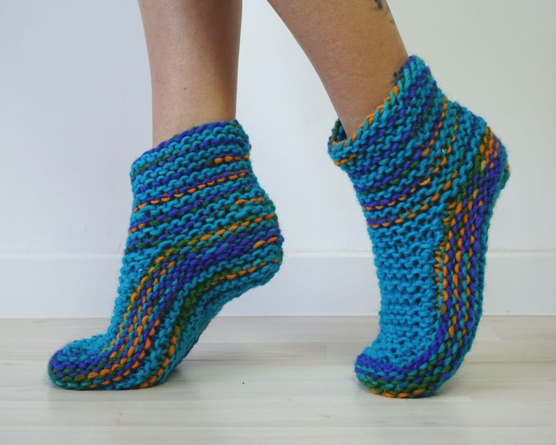 Natural Wool Slippers, Teacher Gift, Knitted Slipper Socks, Cozy Slippers, Indoor Shoes, Blue Boot Slippers, Knit Gift, Knit Slippers image 2