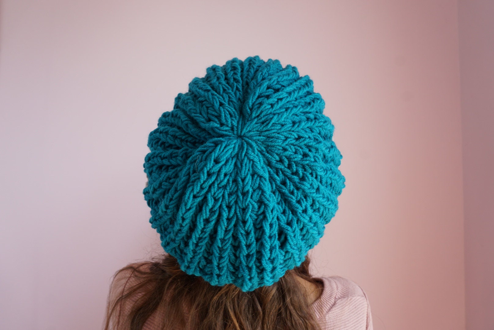 Handknit Wool Blend Hat and Fingerless Gloves Set: Blue  display picture 1
