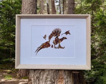 Pheasant Feather Wall Art a Pheasant with hunter and Dog.