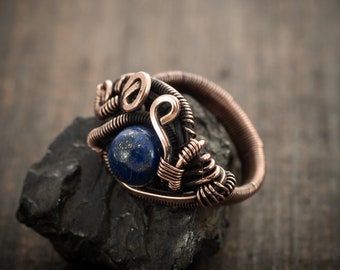 Lapis Lazuli Yoga Ring, Wire wrapped handmade jewelry, Boho ring, Copper ring, Gilrfriend gift, Gemstone ring, Birthday gift, witch jewelry