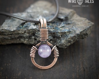 Amethyst Gemstone Crystal Necklace, Wire wrapped pendant, Anxiety relief Protection Amulet, copper jewelry, Black friday sale, cyber monday