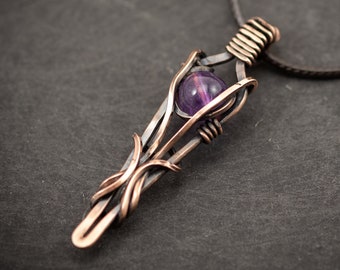 Wire wrapped Amethyst pendant necklace, Protection crystal necklace, Handmade Gift for men, Gift for women, Copper  jewelry, girlfriend gift