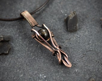 Wire wrapped Obsidian pendant, crystal Necklace for men, girlfriend gift, Copper jewelry, Gift for womenUnique christmas gifts,