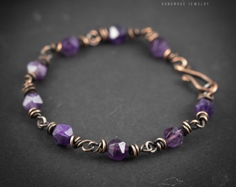 Wire wrapped Amethyst copper bracelet, gemstone handmade jewelry, Christmas gift, oxidized bracelet, unique gift for women, sale