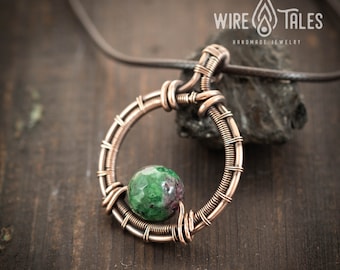 Wire wrapped pendant,  Ruby Zoisite gemstone Healing crystal necklace, Copper jewelry, gift for women, Crystal necklace, Handmade jewelry