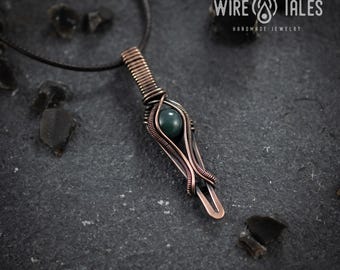 Wire Wrapped Pendant Moss Agate Crystal Necklace - Oxidized Copper Wire, Adjustable Brown Cord - Mindfulness Gift, Boho Jewelry