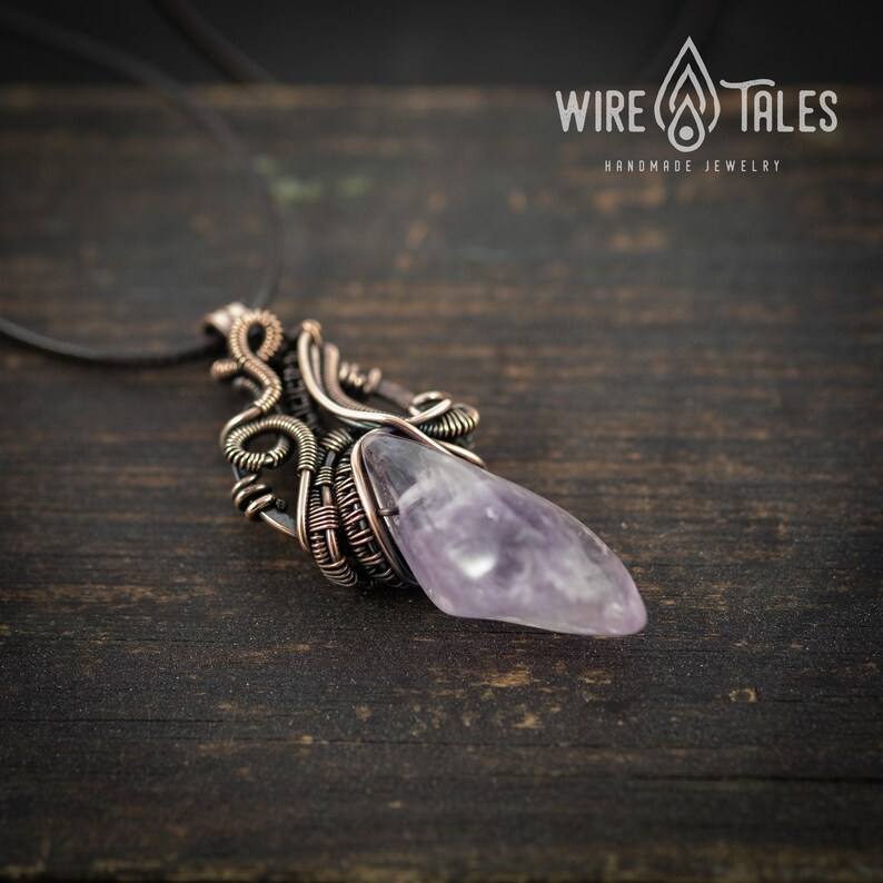 Elven Necklace Gift Wire Wrapped Pendant: Boho Amethyst Jewelry, Antique Copper Finish (Adjustable Cord, Unisex Anxiety Relief Accessory) image 4