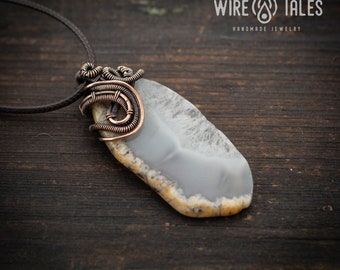 Wire Wrapped Agate Crystal Necklace, Handmade Boho Gemstone Necklace, Natural Statement Gift Her