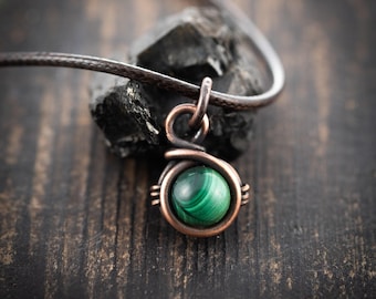 Malachite Necklace - Wire Wrapped Pendant Protection Amulet - Antique Copper, Adjustable Sliding Knot Cord, Unisex Jewelry