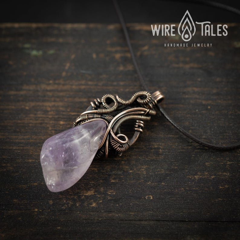 Elven Necklace Gift Wire Wrapped Pendant: Boho Amethyst Jewelry, Antique Copper Finish (Adjustable Cord, Unisex Anxiety Relief Accessory) image 6