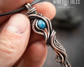 Apatite Copper Pendant Necklace - Wire Wrapped, Unisex Adjustable Cord