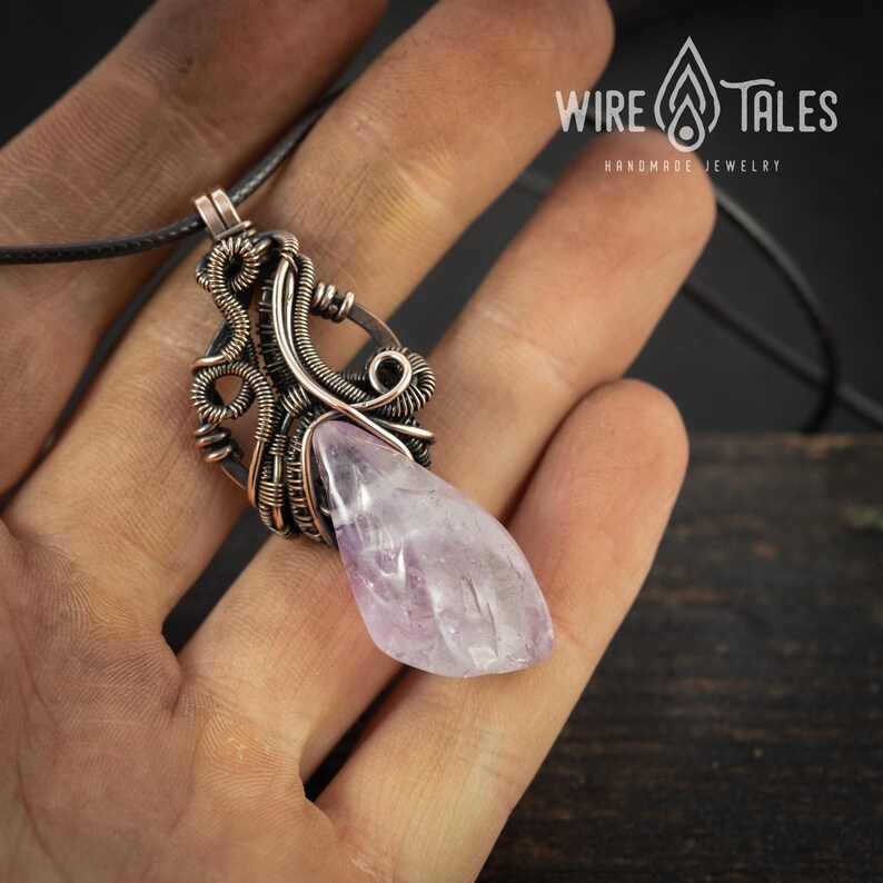 Elven Necklace Gift Wire Wrapped Pendant: Boho Amethyst Jewelry, Antique Copper Finish (Adjustable Cord, Unisex Anxiety Relief Accessory) image 2