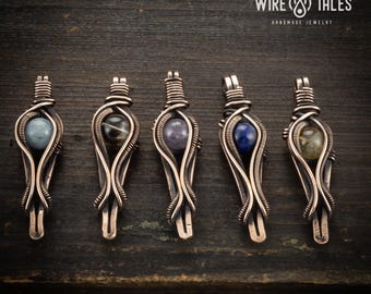 Wire Wrapped Crystal Pendant Necklace: Unique Boho Copper Jewelry (Onyx, Lapis Lazuli & More, Gift Box Included)