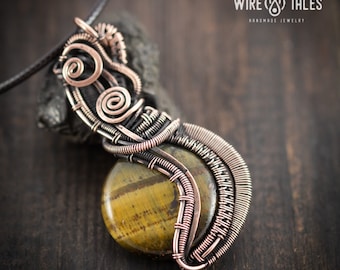 Wire Wrapped Tigers Eye Natural Crystal Necklace, Handmade Boho Gemstone Necklace, Spiritual Healing Gift Her