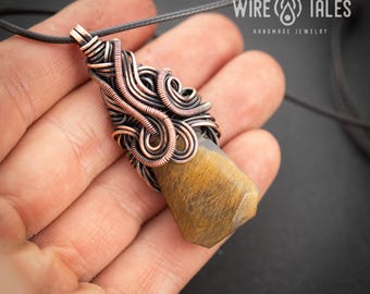 Wire Wrapped Jewelry Copper Agate Necklace: Boho Pendant, Oxidized Copper Look - Adjustable Brown Cord, Unisex Wear