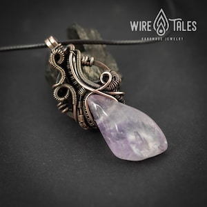 Elven Necklace Gift Wire Wrapped Pendant: Boho Amethyst Jewelry, Antique Copper Finish (Adjustable Cord, Unisex Anxiety Relief Accessory) image 1