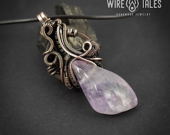 Elven Necklace Gift Wire Wrapped Pendant: Boho Amethyst Jewelry, Antique Copper Finish (Adjustable Cord, Unisex Anxiety Relief Accessory)