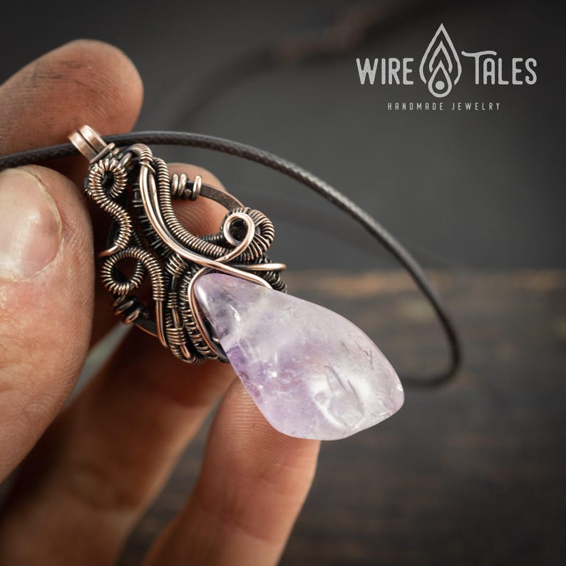 Elven Necklace Gift Wire Wrapped Pendant: Boho Amethyst Jewelry, Antique Copper Finish (Adjustable Cord, Unisex Anxiety Relief Accessory) image 7