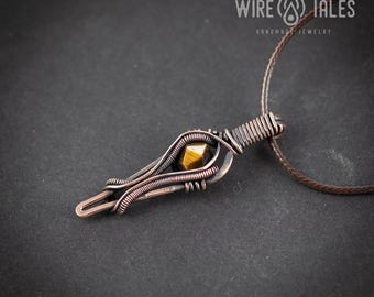 Copper Pendant Necklace: Wire Wrapped Tiger Eye - Boho Adjustable Cord