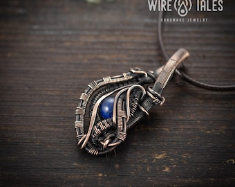Wire Wrapped Lapis Necklace: Bohemian Deep Blue Gemstone - Oxidized Copper Wire, Adjustable Brown Cord, Unisex Style