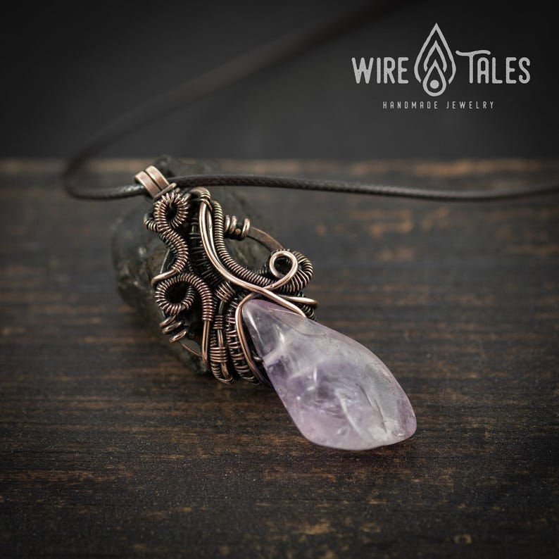 Elven Necklace Gift Wire Wrapped Pendant: Boho Amethyst Jewelry, Antique Copper Finish (Adjustable Cord, Unisex Anxiety Relief Accessory) image 5