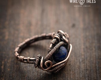 Lapis Lazuli Yoga Ring Bohemian Jewelry, Copper Wire Wrapped (Unisex Size 8, Natural Healing Gemstone)