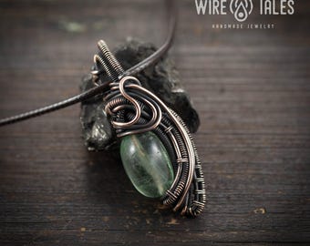 Wire Wrapped Pendant Fluorite Crystal Necklace: Elven Style, Oxidized Copper, Adjustable Brown Cord | Healing Amulet, Gift Box Included