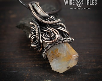 Boho Copper Agate Necklace, Wire Wrapped Pendant (Unisex Adjustable)