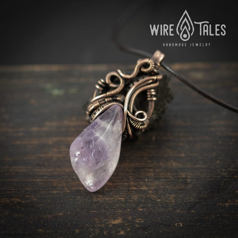 Elven Necklace Gift Wire Wrapped Pendant: Boho Amethyst Jewelry, Antique Copper Finish (Adjustable Cord, Unisex Anxiety Relief Accessory) image 3