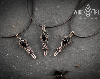 Wire Wrapped Mens Black Onyx Pendant Necklace, Protection Amulet (Adjustable 12-24 Inch Cord, Oxidized Copper Wire)