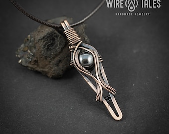 Hematite Crystal Necklace: Wire Wrapped Copper Pendant, Adjustable Cord