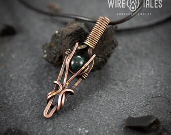 Moss Agate Wire Pendant Rustic Copper Jewelry, Mood Stabilizing Stone (Adjustable Brown Cord, Handwrapped Wire Art)