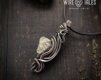 Raw Lemon Quartz Pendant Necklace - Copper Wire Wrapped, Unisex