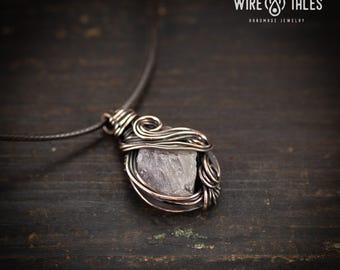 Raw Wire Wrapped Healing Fluorite Necklace: Boho Chic Copper Pendant, Elven Style (Adjustable Cord, Unisex, Anxiety Relief)