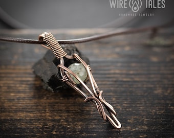 Calm Energy Stone Pendant Wire Wrapped, Prehnite Gemstone Rustic Copper (Adjustable 12-24in Cord, Artisan Boho Style Necklace)