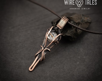 Clear Crystal Quartz Handmade Necklace, Copper Wire Wrapped Pendant (Adjustable 12-24in Brown Cord, Unisex Gift Jewelry)