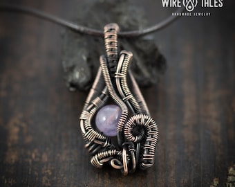 Wire Wrapped Calming Amethyst Pendant Necklace: Oxidized Copper - Brown Waxed Cord, Artisan Boho Style, Stress Relief Gift