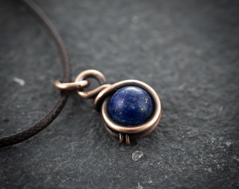 Wire Wrapped Lapis Spiritual Necklace, Deep Blue Pendant (Oxidized Copper, Adjustable 12-24 Inch Cord)