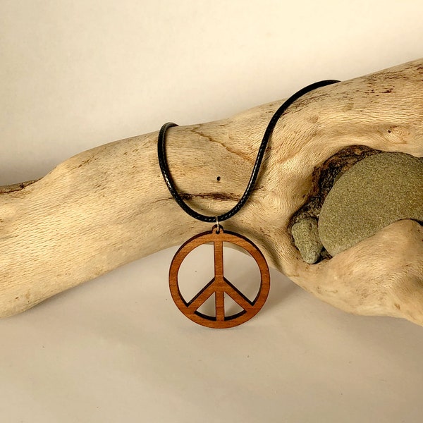 Peace Sign Wood Pendant, Cherry Wood Pendant, Yoga Jewelry, Nature Jewelry, Natural Wood Necklace