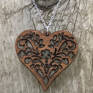 Heart Floral Wood Pendant, Cherry,Walnut Wood Pendant, Yoga Jewelry, Nature Jewelry, Natural Wood Necklace