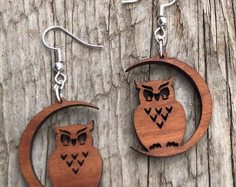 Owl Wood Earrings, Cherry Wood Earrings, Animal Jewelry, Nature Jewelry, Natural Wood Earrings